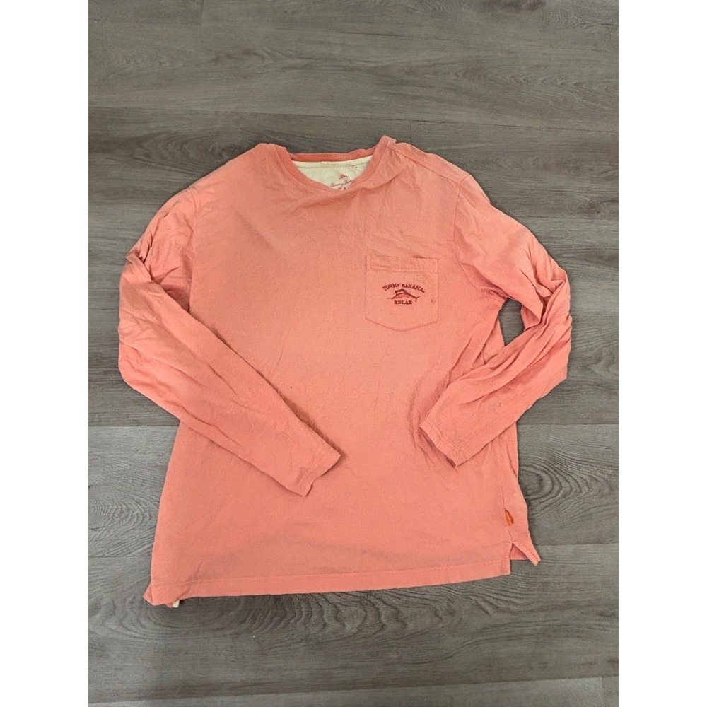 Tommy Bahama Relax Mens L Pima Cotton Long Sleeve Pocket T-Shirt Coral Orange
